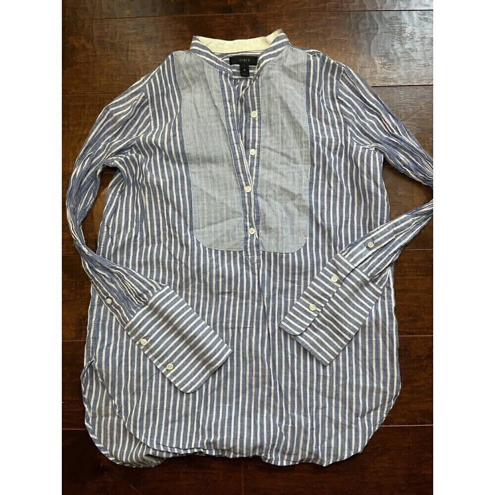 J. Crew Blue Striped Popover Long Sleeve Blouse Sz 0